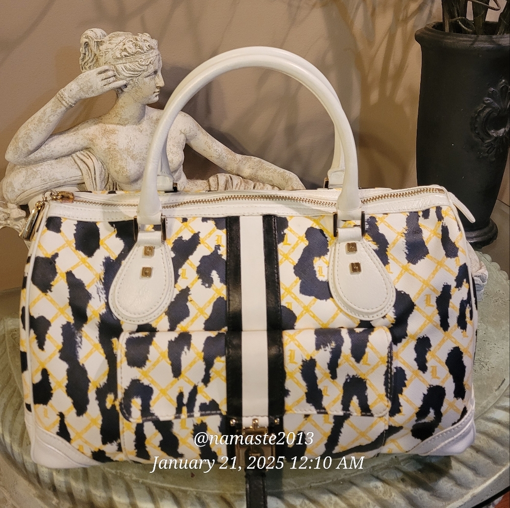 L.A.M.B. Gwen Stefani White Leopard Alston Satchel Designer Leather Celeb #89